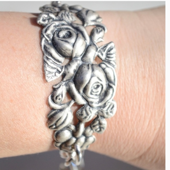 Antique Obsessions Jewelry - Floral Link Handmade Cuff Bracelet Roses Heart